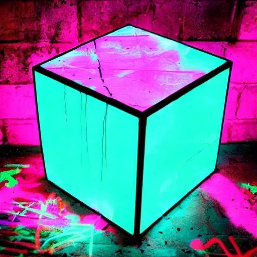 Image similar to banksy graffiti on magical black light prism cube, 1 9 9 9 aesthetic