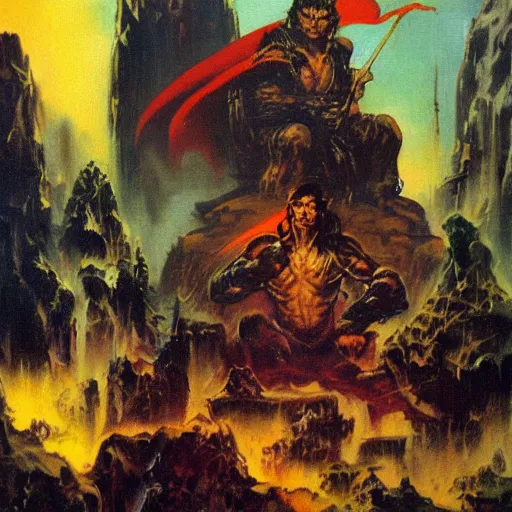 Image similar to book cover of wizard surrounded by crt televisions pvm oil on canvas by frank frazetta