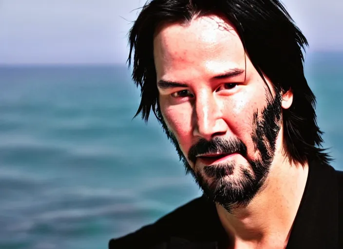 Image similar to close up portrait photograph of Keanu Reeves!!! Smoking a cigarette, symmetric face!!! ((Symmetric round eyes!!! )) . Wavy long hair. He looks directly at the camera. Slightly open mouth, face takes up half of the photo. an ocean visible in the background. 55mm nikon. Intricate.