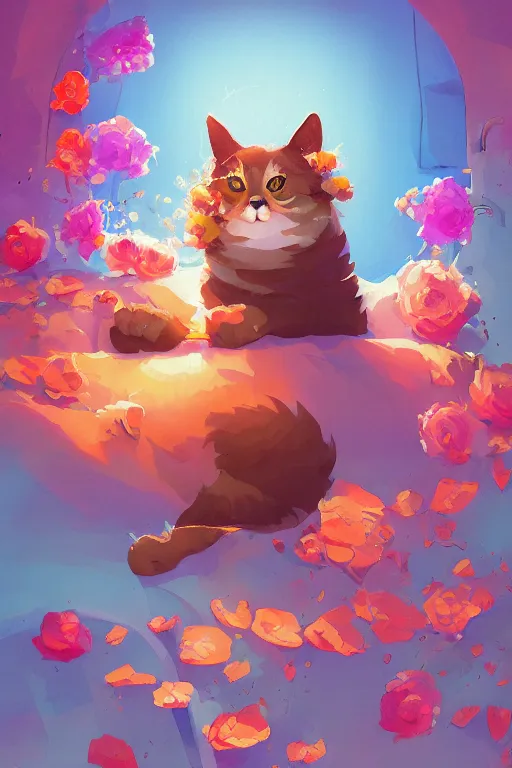 Prompt: a digital art of a cat sleeping in the room with flowers around in the afternoon, the sun shines in, storybook art, watercolor, detailed, cute, by anton fadeev, featured on artstation