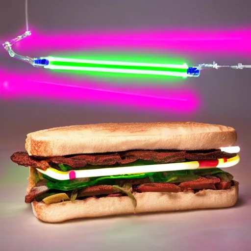 Image similar to an extremely high quality photo of a surreal neon-lightsaber-sandwich, the polymer clay ((sandwich)) creation, a hybrid mixture of sandwichlightsaberneons and lightsaberneonTUBE fillings, neon tubes drizzled on top, lightsaber filling, glowing filling, promotional photo, 4k polymer clay food photography