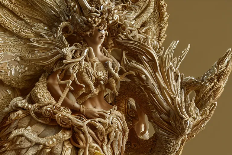 Image similar to a closeup photo - real delicate ceramic porcelain sculpture of an ornate detailed phoenix goddess in front of an intricate background by rafael, micro detail, backlit lighting, subsurface scattering, translucent, thin porcelain, emerald, jade, octane renderer, colorful, physically based rendering, trending on cgsociety