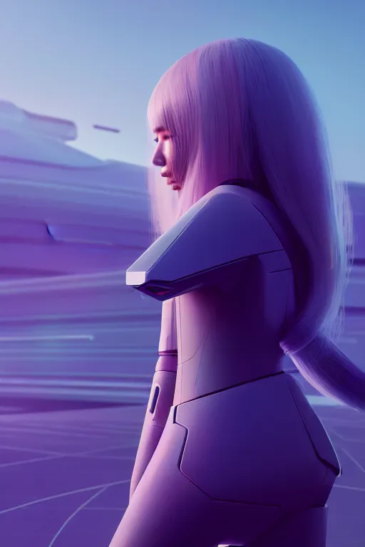 Prompt: profil android women running, scifi, futuristic design, bae suzy, long white hair, character design, cinematic lighting, highly detailed, by beeple, goro fujita, smooth gradient.