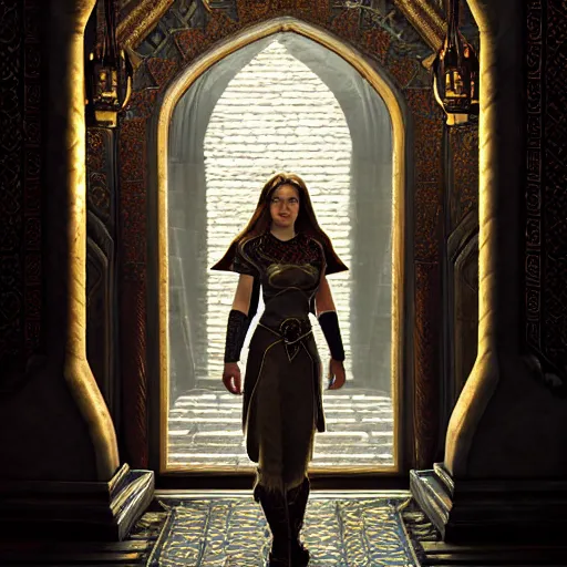 Image similar to the elder scrolls vi, charismatic regal brunette female jarl, portrait, throne room, atmospheric lighting, painted, intricate, volumetric lighting, beautiful, daytime, sunny weather, slight overcast, sharp focus, deep colours, ultra detailed, by leesha hannigan, ross tran, thierry doizon, kai carpenter, ignacio fernandez rios