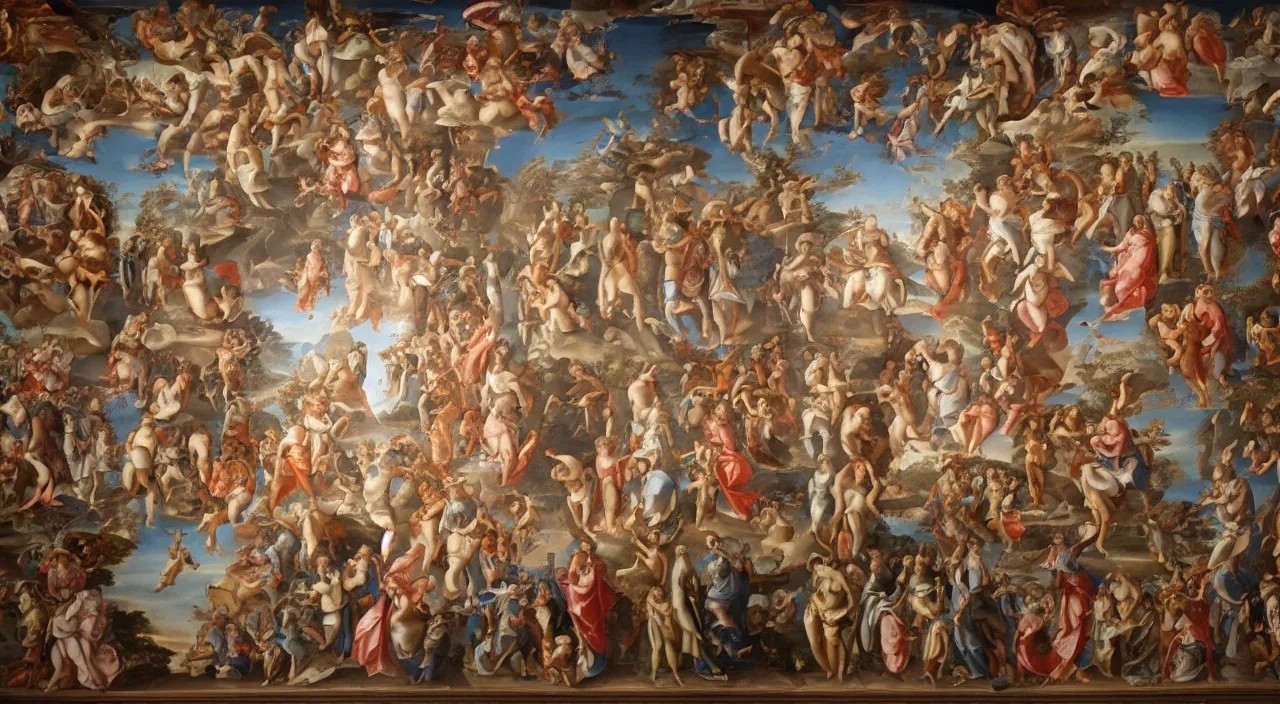 Prompt: a baroque fresco detailing the following progression : artificial intelligence, machines, innovation, discovery, architecture, society, people, conscious experience, multicellular life, molecular systems, biopolymers