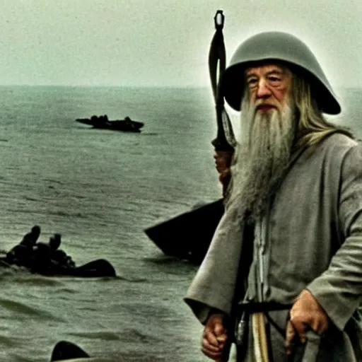 Image similar to film still of Gandalf storming Normandy beach, still from Saving Private Ryan