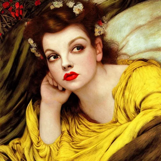 Image similar to hybrid of judy garland and lady gaga, brown fringe, large beautiful facial features, huge downslanted eyes, big cheeks, large full lips, full body medium shot, reclining bed cool stylish, yellow ochre ornate medieval dress, john william waterhouse, kilian eng, rosetti, john everett millais, william holman hunt, william morris, 4 k