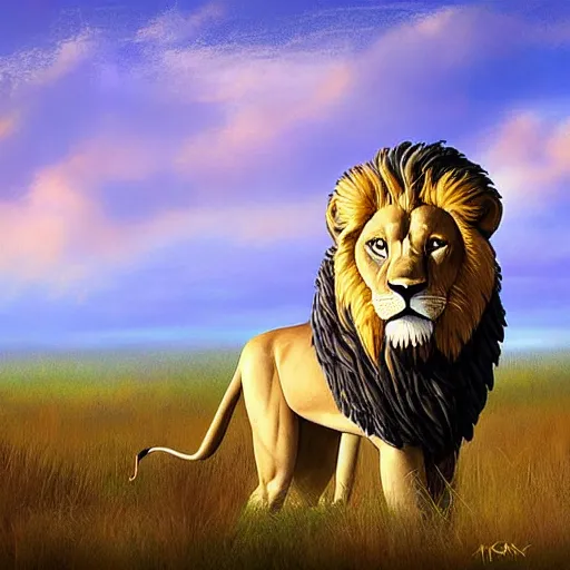 Prompt: a massive lion hunting dear on the savanna, a lion king statue in the background, digital art, dramatic painting