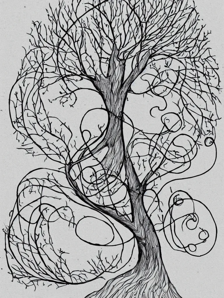 Image similar to single line drawing of an acorn growing into a tree in shape of treble clef, splash of color, voroni diagram