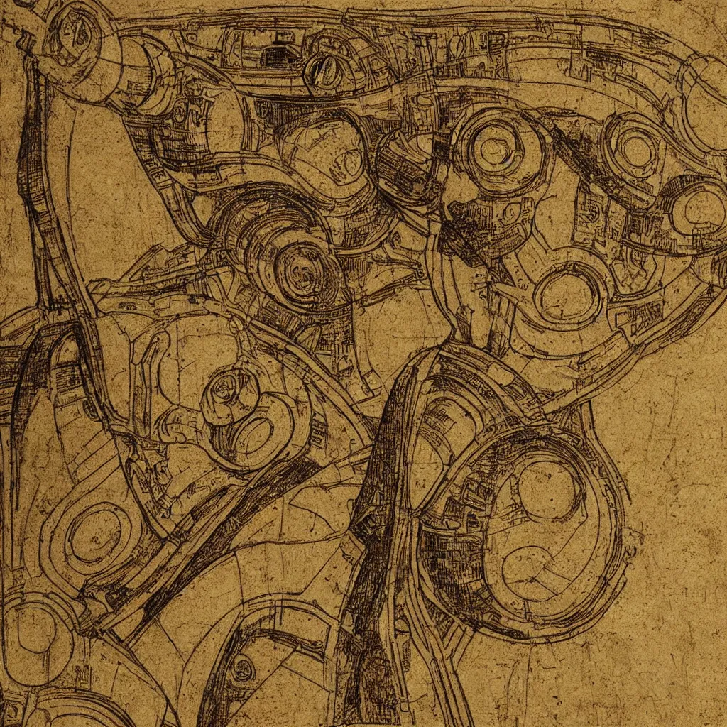 Image similar to c 3 po design schematic by leonardo da vinci, very detailed