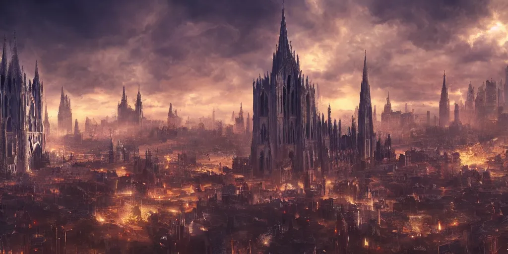 Image similar to a giant cathedral towering above the city, medieval, fantasy apocalypse, digital art, mmo, 4 k,