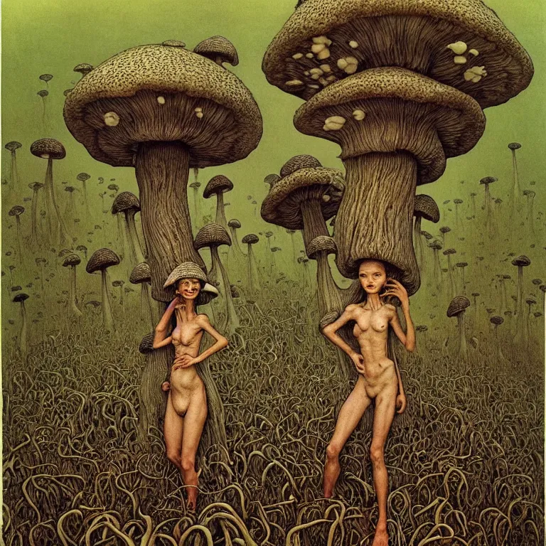 Prompt: A funguswoman stands among the mushroom hills. Lush mold. Wearing a fungus and mushroom. Perfect faces, symmetrical faces, symmetrical features, coherent faces, extremely high detailed, fine details, realistic, fantasy art, solo, masterpiece, art by Zdzisław Beksiński, Arthur Rackham, Dariusz Zawadzki, Edward Robert Hughes, Eugene de Blaas, Frederic Leighton