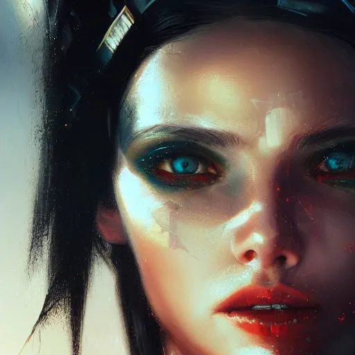 Image similar to close - up portrait of a young beautiful cyberpunk woman, mirror eye implants, black hair in a rough shag, sunset, painted by seb mckinnon, high detail, digital art, painted by greg rutkowski, trending on artstation