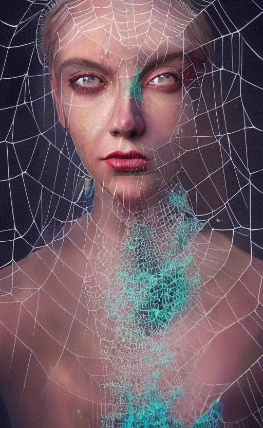 Image similar to a oil painting hyperrealism of a beautiful woman, cobwebs, spider makeup, cobwev headdress, 8 k resolution, octane render, trending on artstation, by gediminas pranckevicius, volumetric light 2 blue fractal thunder glow by dan mumford, anaglyph effect, laurie lipton