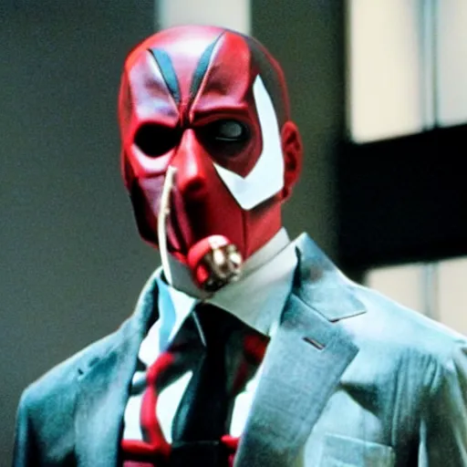 Image similar to film still, American Psycho in deadpool suit