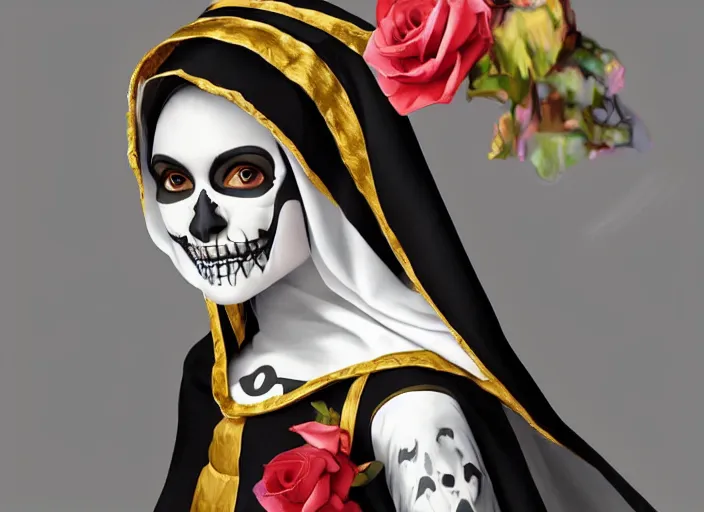 Image similar to cute & beautiful smiling mexican undead skeleton girl dressed as a nun, elegant, digital art, fantasy, pixar style, painting, pin up, highly detailed, artstation, art by artgerm, vrubel, boris vallejo and ilya kuvshinov