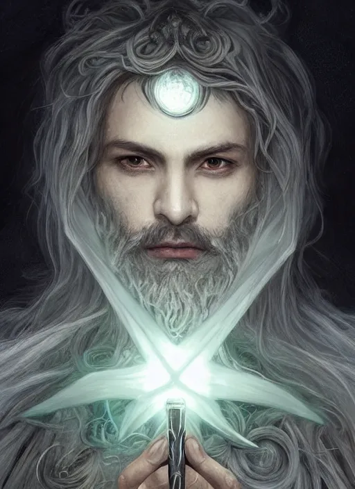 Prompt: Portrait of hexblade warlock aasimar with white glowing eyes, silver shaggy hair, short scruffy beard, cloak, teal ethereal tendrils, male, fantasy, extremely detailed, digital painting, artstation, concept art, smooth, sharp focus, illustration, stunning lighting, art by artgerm and greg rutkowski and alphonse mucha and simon stalenhag, realistic character concept, high fantasy, light atmosphere, golden ratio, cinematic lighting, hyperdetailed, high resolution, insanely detailed and intricate, artstation, Marc Simonetti, Greg Rutkowski