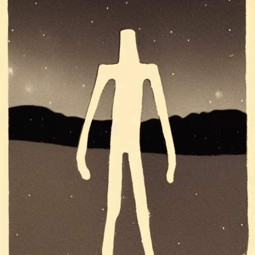 Image similar to tall skinny humanoid creature with no face standing on a hill, night