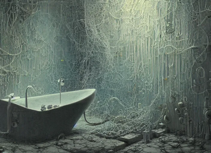 Prompt: close-up of bathtub full of water, neon, they are watching, RGB, glowing wires everywhere, decay, by Edgar Maxence and Ross Tran, Zdzisław Beksiński, and Michael Whelan, distant, gustav dore, H.R. Giger, 8k, octane render