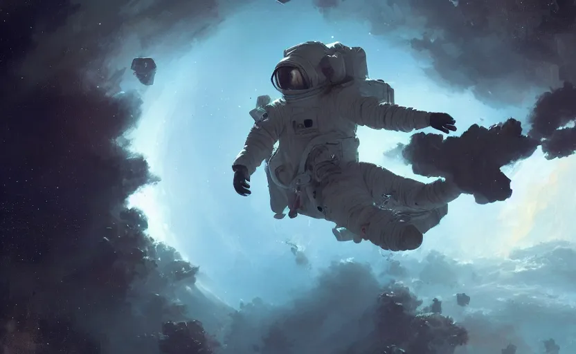 Image similar to painting of an astronaut floating in space by greg rutkowski and craig mullins, Dark cinematic and atmospheric, Dark space, Film photography, UHD 8k,