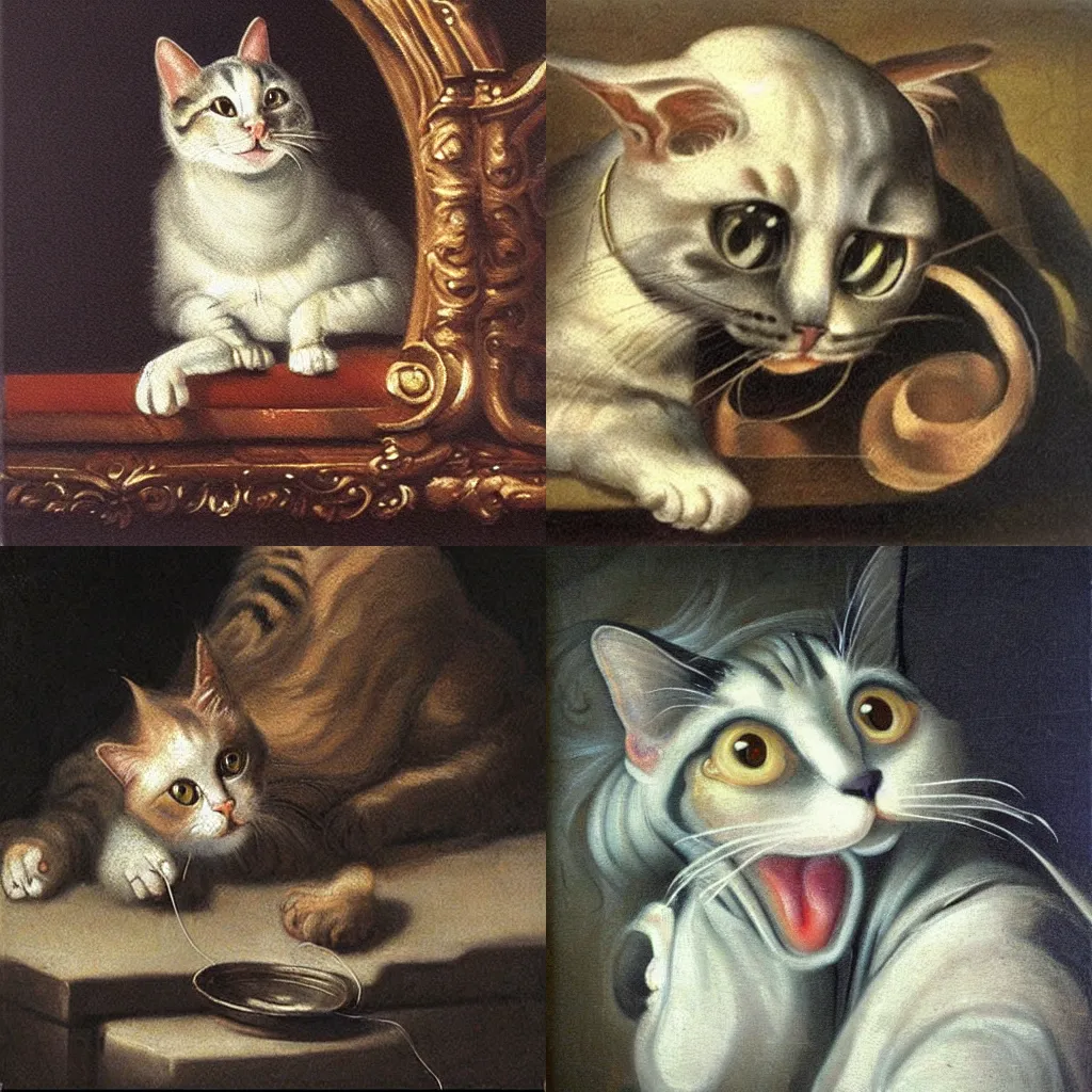 Prompt: Baroque oil painting of princely cat drooling silver threads