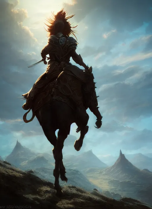 Prompt: warrior queen riding steed alongmountain ridge, silhouetted, backlit, epic atmosphere, in the style of greg rutkowski, artstation,