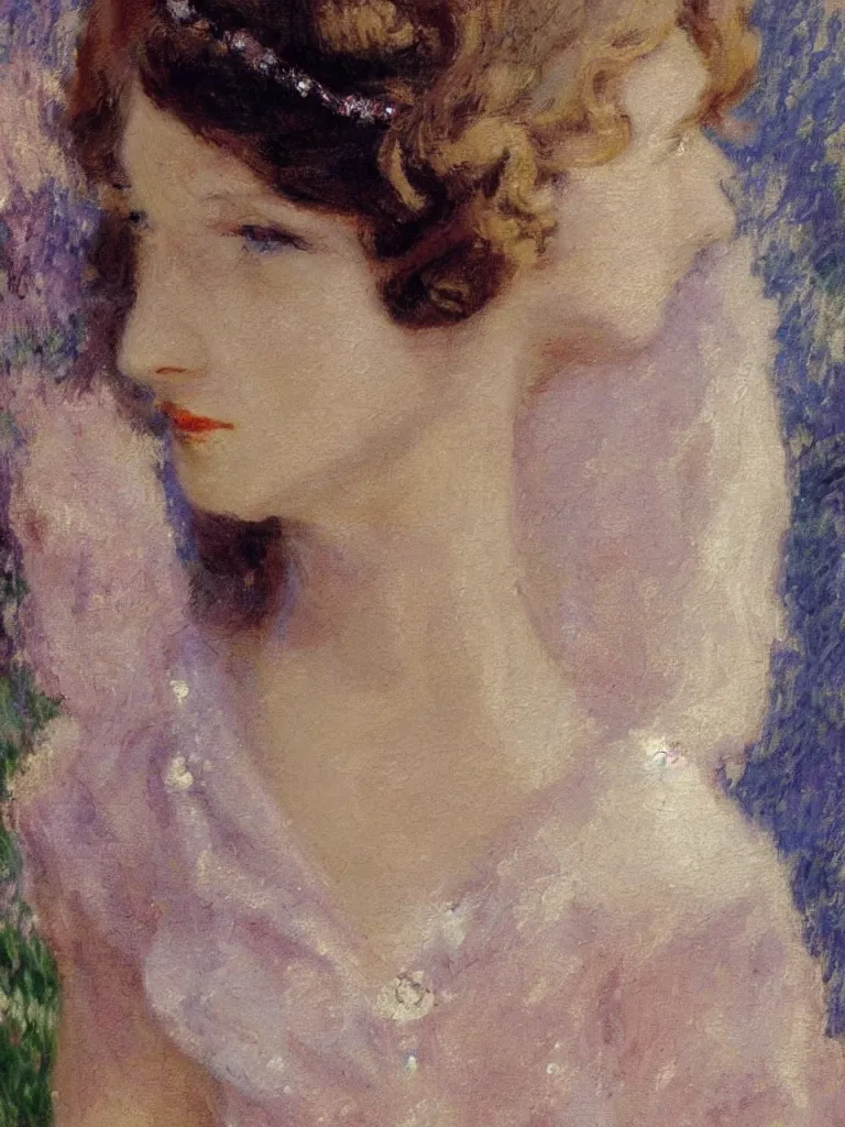 Image similar to portrait of < zelda fitzgerald > as a beautiful young lady wearing 1 9 2 0 s fashion, blurry face, brown hair, slim, fair, severe out of focus, depth of field, pleinairism, in the sun, backlit, closeup, oil on canvas, atr by monet, in the style of le promenade, smooth, impressionnisme, 8 k