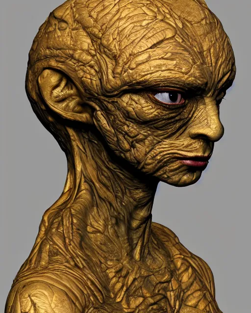 Image similar to an extremely detailed masterpiece head and shoulder portrait of a pleiadean extraterrestrial with yellowish eyes, in the style of sam guay, one single continues line, unreal engine, detailed, elegant, intricate, trending on artstation, 4 k