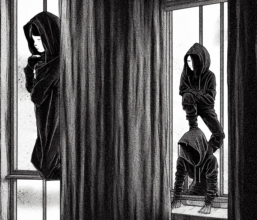 Image similar to sadie sink in hoodie sits on windowsill, knees tucked in | rain falls at night : storyboard, scifi cyberpunk. by gabriel hardman, joe alves, j. todd anderson, chris bonura. cinematic atmosphere, detailed and intricate, perfect anatomy