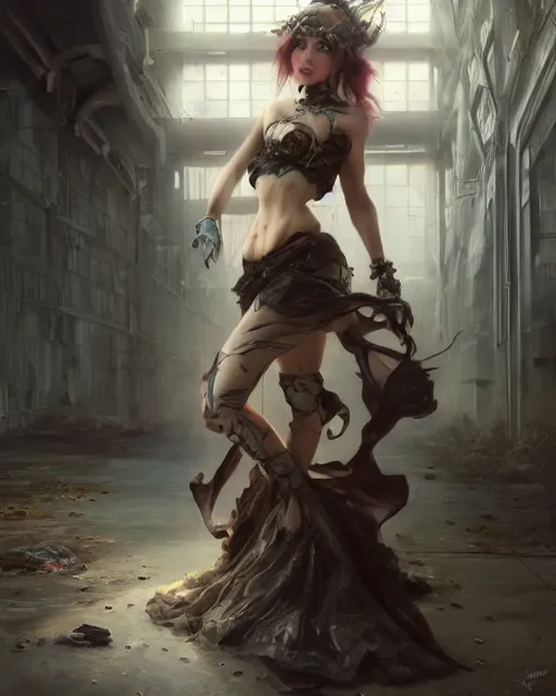 Image similar to daniel gerhartz and artgerm detailed portrait digital rococo painting of a beautiful woman wearing streetwear clothing, abandoned warehouse interior in the background, unreal engine, hyper realism, realistic shading, cinematic composition, realistic render, octane render, detailed textures, photorealistic, ultrawide shot, 3 5 mm film