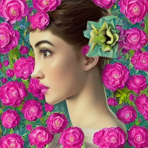 Image similar to a 3 d close up image of a beautiful young women looking at the camera surrounded by lush flowers mark ryden camera, pop