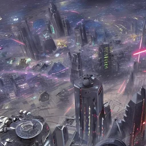 Image similar to photorealistic photograph of Galactic City on Coruscant from Star Wars, hyper detailed, detailed, photorealistic, realism, award-winning, photograph, 8k