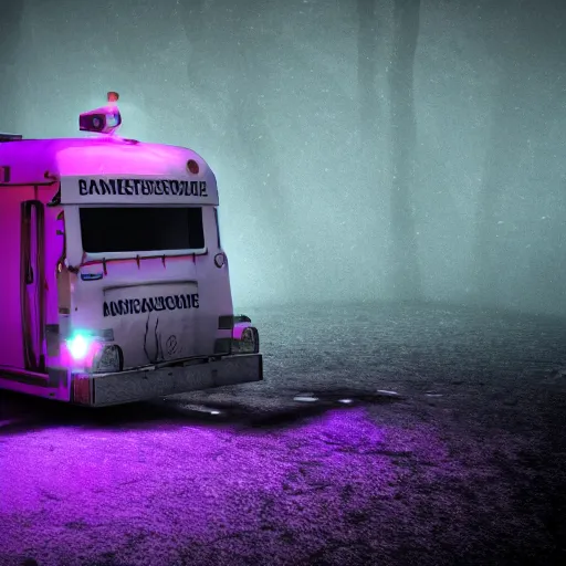 Image similar to Abandoned Ambulance with an Unknown Figure sitting in the back, Underwater, Purple Glow, Realistic, 4k