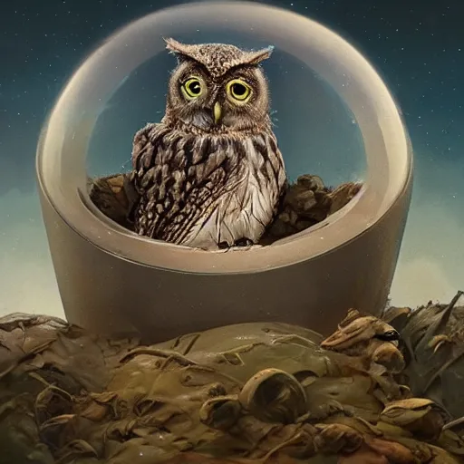 Image similar to long shot of a very cute owl chick nesting in a very futuristic cup, esao andrews, humorous illustration, hyperrealistic, big depth of field, warm colors, night scenery, low light, 3 d octane render, 4 k, conceptart, hyperdetailed, hyperrealistic, trending on artstation