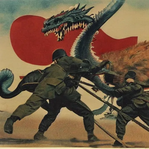 Image similar to photo of Japanese dogfighters fighting a giant oriental dragon, world war 2, Color,