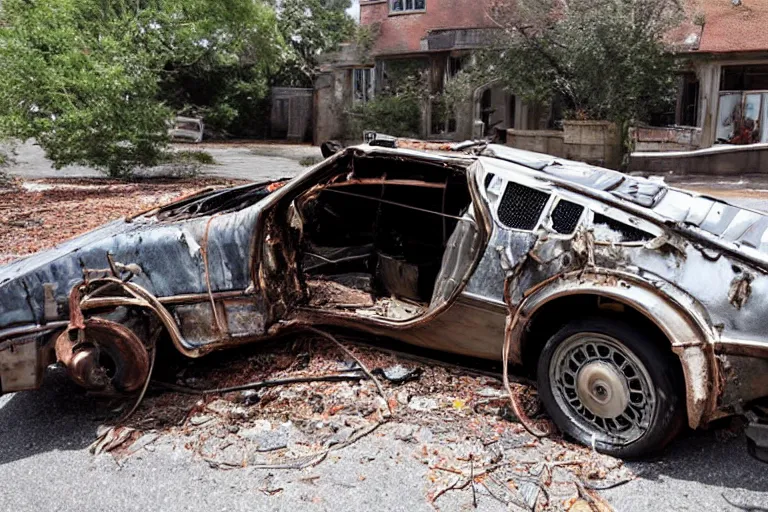 Prompt: rusty, decayed, damaged 1 9 2 2 delorean