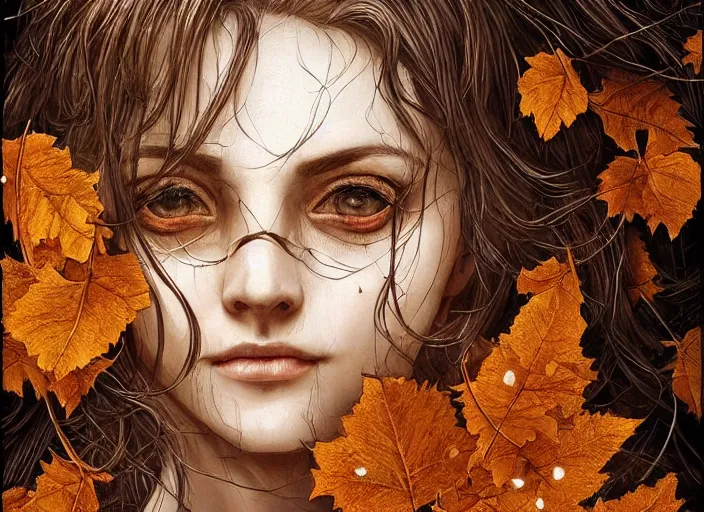 Image similar to golden leaves at frame border, creative!!! composition for a book cover!!!, absurdly beautiful, ultrafine hyperrealistic detailed old witch face by wlop and artgerm and greg rutkowski, intricate linework, sharp focus, smooth, octopath traveler, final fantasy, unreal engine, dramatic lighting, ethereal, 8 k