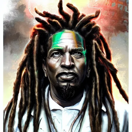 Image similar to portrait of rastafarian ronald reagan with dreadlocks, cyberpunk setting, futuristic, highly detailed, intricate lighting, digital painting, sharp focus, illustration, trending on artstation, art by magali villenueve.