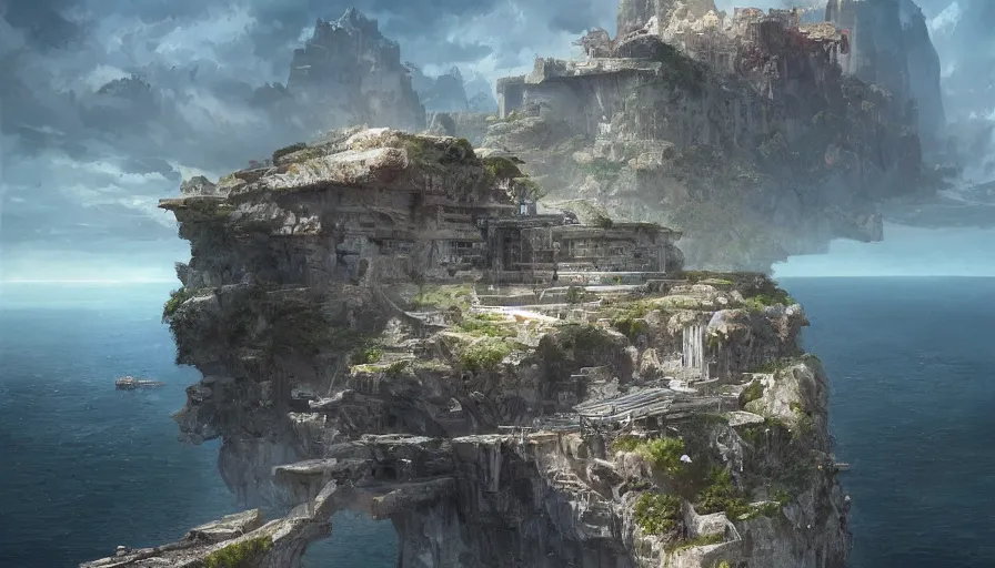 Prompt: imperial base perched on a cliff overlooking a magnificient bay, by james gurney, greg rutkowski, drawing architecture, highly detailed digital art, artstation, greig fraser