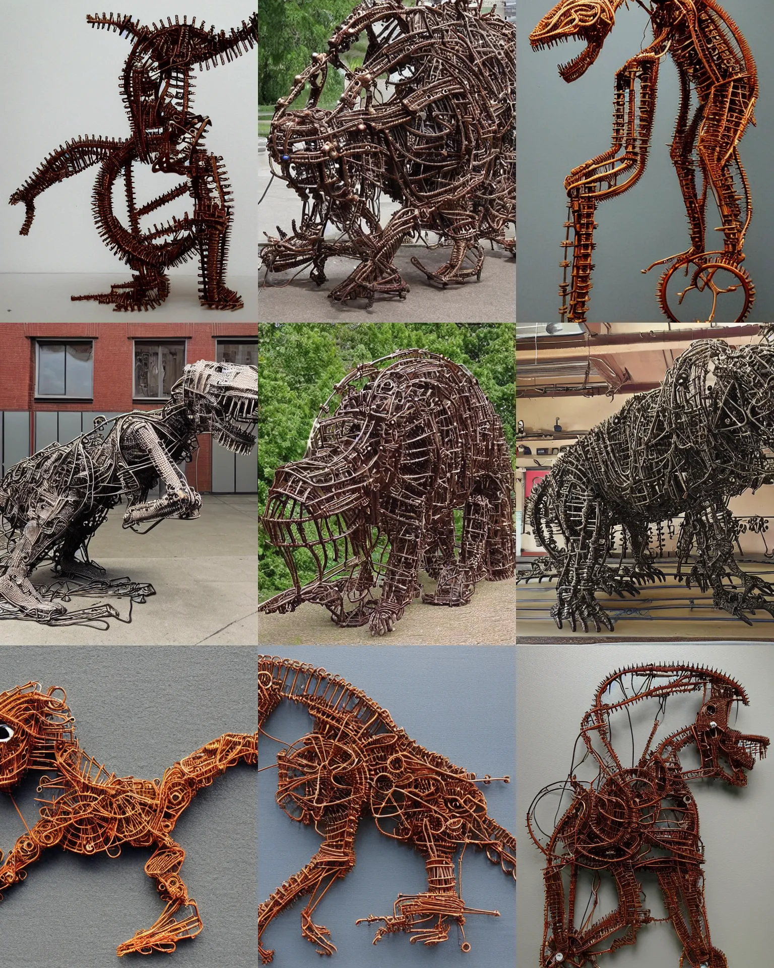 Prompt: photo of T-Rex made out of wires and rusty Gears, Full-body,