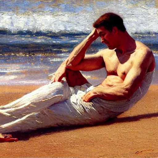 Prompt: detailed cinematic shot of jeff bezos with white clothes in the mediterranean beach, spring light, painting by gaston bussiere, craig mullins, j. c. leyendecker