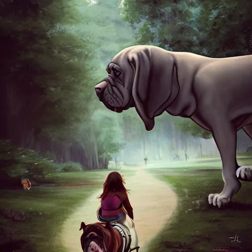 Image similar to girl riding a giant Neapolitan Mastiff in the park, trending on artstation