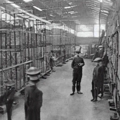 Image similar to grainy 1910s photo of a IT nerd army standing unused inside a warehouse