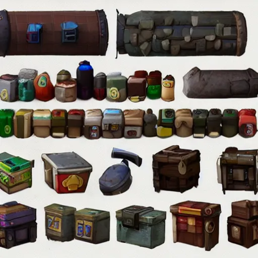 Image similar to modular inventory game items, very realistic , artstation, concept art ,