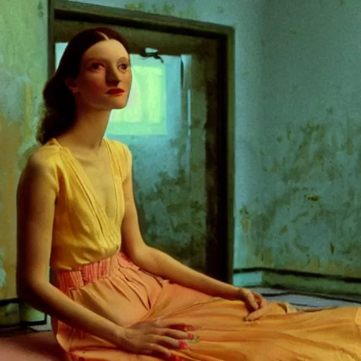 Image similar to a beautiful shiny girl in an soviet golden liminal abandoned room, film still by wes anderson, depicted by balthus, limited color palette, very intricate, art nouveau, highly detailed, lights by hopper, soft pastel colors