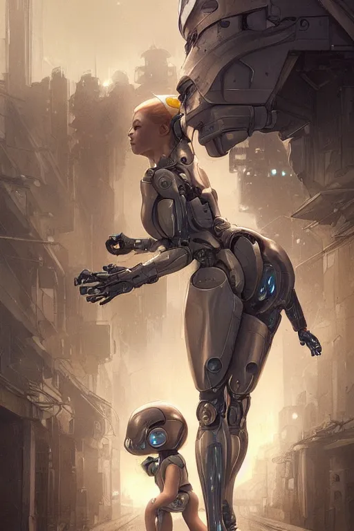 Image similar to Ultra realistic illustration, robot woman carrying a sleeping baby, cyberpunk, sci-fi, fantasy, intricate, elegant, highly detailed, digital painting, artstation, concept art, smooth, sharp focus, illustration, art by artgerm and greg rutkowski and alphonse mucha