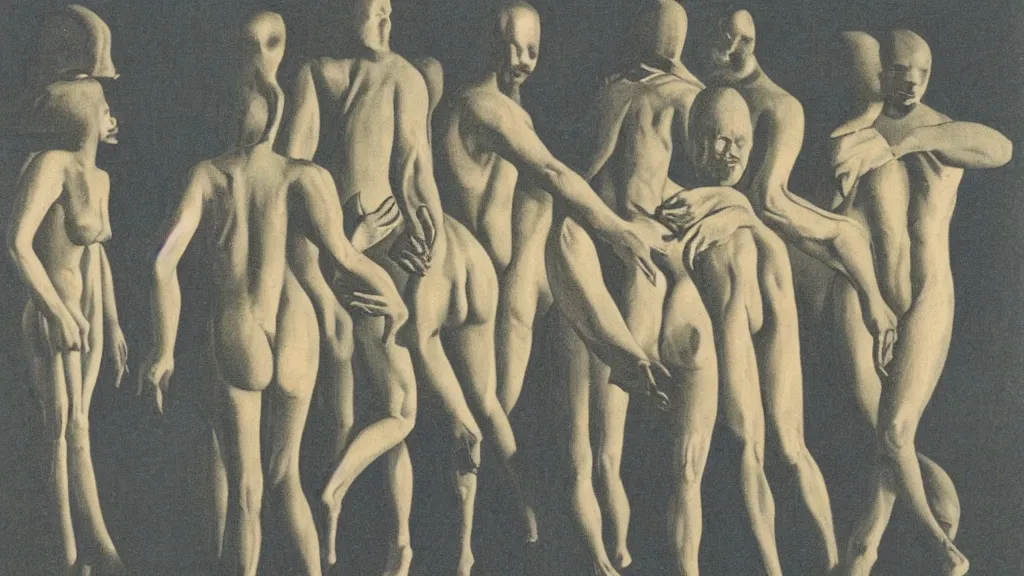 Prompt: A vintage scientific illustration from the 1970s of humans forming a cavern with their bodies by René Magritte