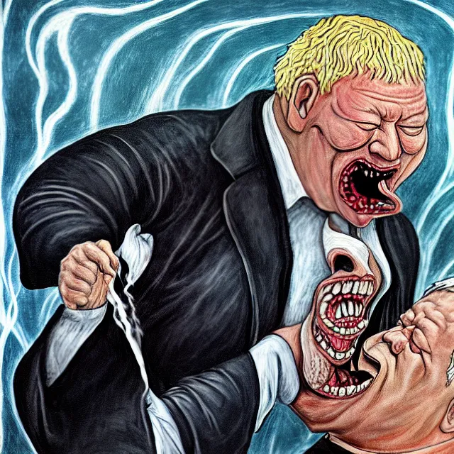 Image similar to boris yeltsin pours lead into the mouth of a sinner in hell, scary art in color