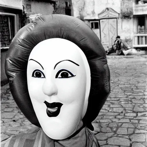 Image similar to 1976 glamorous middle aged woman wearing a transluscent inflatable toy head in a small European village 1976 French film archival footage technicolor film expired film 16mm Fellini Doris Wishman new wave John Waters movie still