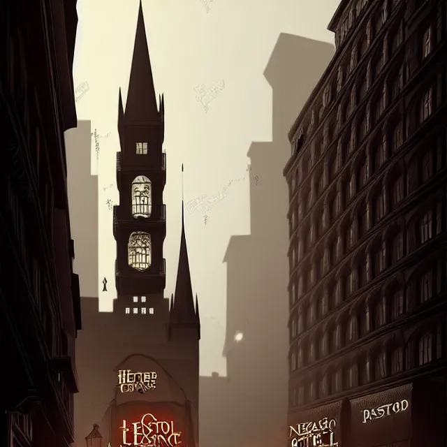 Prompt: epic professional digital art of a haunted 10 story neo-gothic hotel in downtown 1920s Boston overlooking a dark street, best on artstation, cgsociety, wlop, Behance, pixiv, astonishing, impressive, cosmic, outstanding epic, stunning, gorgeous, much detail, much wow, masterpiece.